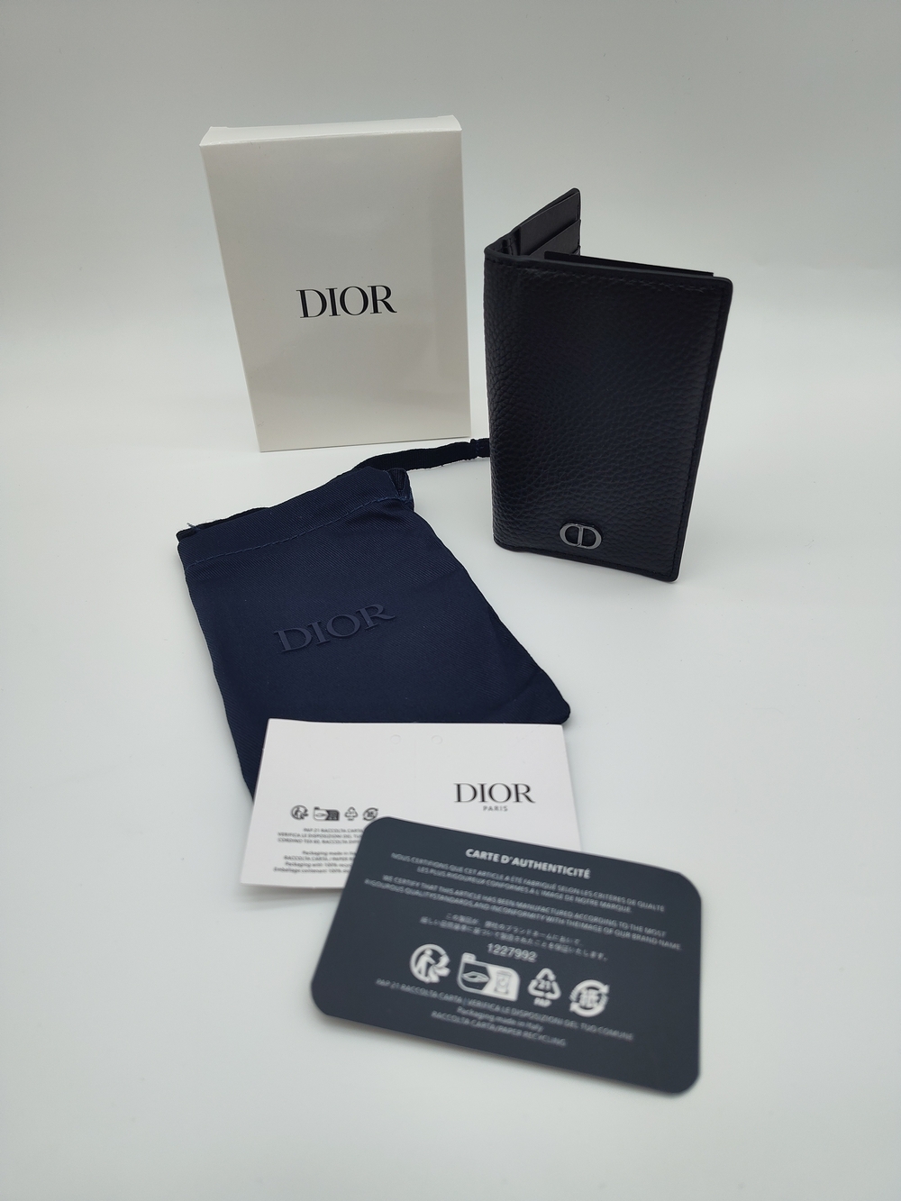 DIOR Parfum Black Pebbled Cowhide Leather Card Holder Wallet Box Dust Bag NIB